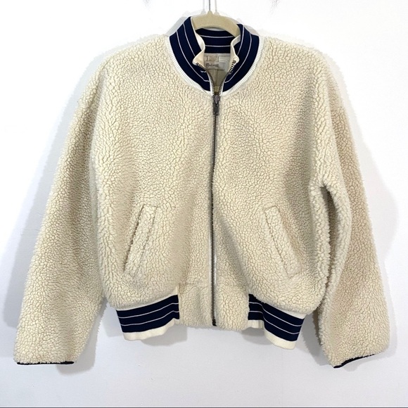 Madewell Sherpa Varsity Bomber Jacket Boxy Teddy Cream Small - Picture 2 of 9